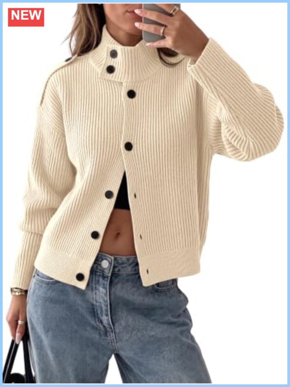Chunky Knit Button Cardigan Sweater Mock Neck Long Sleeve Fall